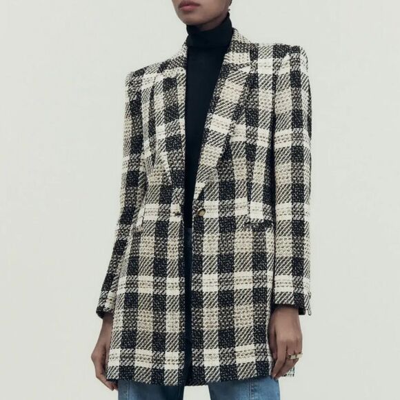 Zara Jackets & Blazers - Zara | NWT Plaid Black White Embellished Blazer Size Large